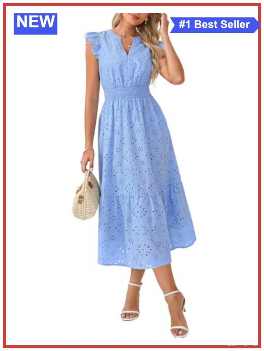 Maxi Eyelet Boho Beach Dress Flutter Sleeve Smocked Waist